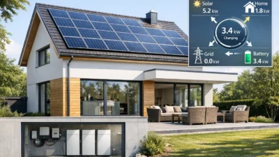 Hybridanlage mit Solarmodulen auf Hausdach und Batteriespeicher im Keller