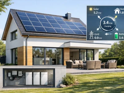 Hybridanlage mit Solarmodulen auf Hausdach und Batteriespeicher im Keller