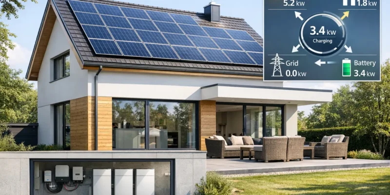 Hybridanlage mit Solarmodulen auf Hausdach und Batteriespeicher im Keller