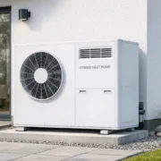 Hybride Wärmepumpe Außeneinheit vor Einfamilienhaus