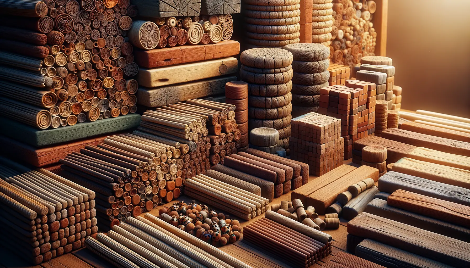 Materialien für ein selbstgebautes Insektenhotel: unbehandeltes Hartholz, Schilfrohr, Lehmziegel