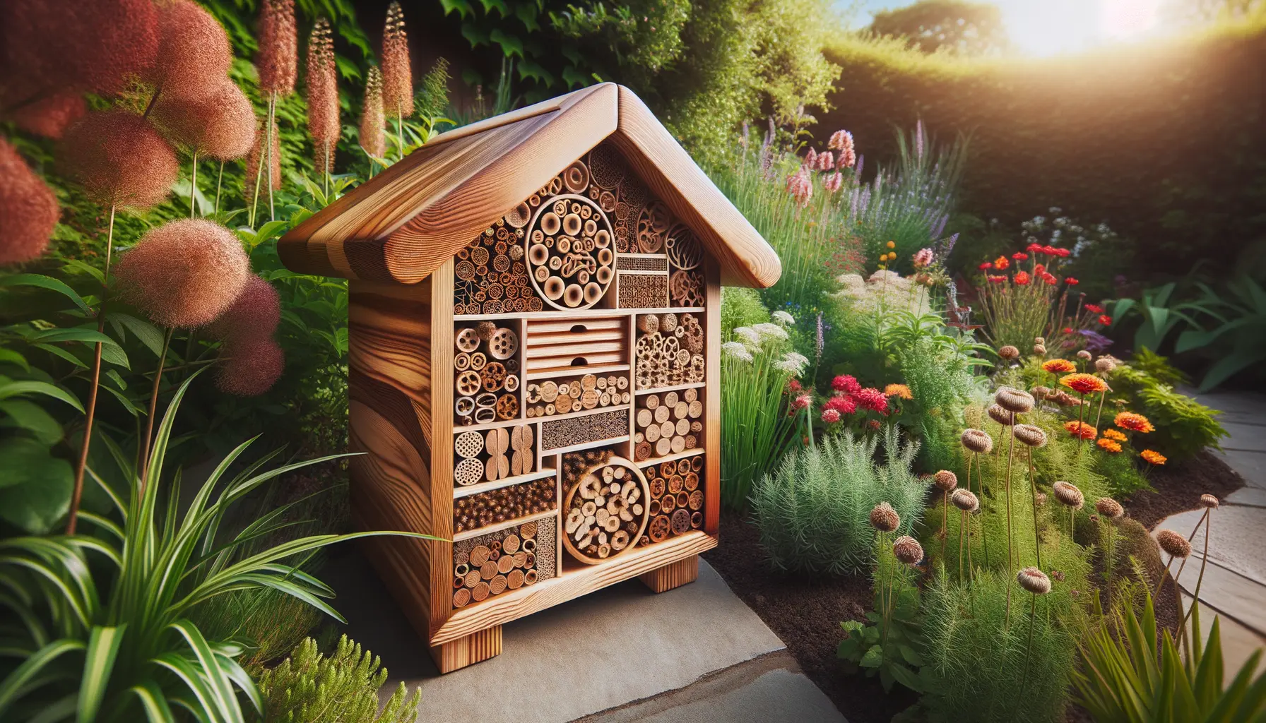 Fertiges Insektenhotel an sonnigem, windgeschütztem Standort im Garten