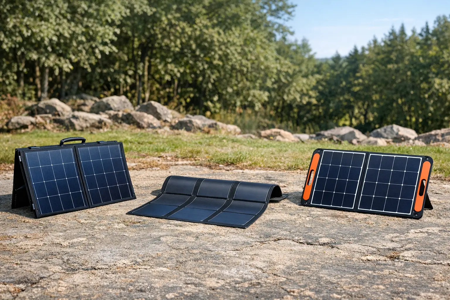 Vergleich verschiedener mobiler Solarmodul-Typen nebeneinander aufgestellt