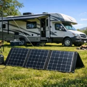 Mobile Solarmodule aufgeklappt auf Campingplatz mit Wohnmobil im Hintergrund