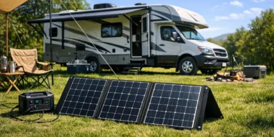 Mobile Solarmodule aufgeklappt auf Campingplatz mit Wohnmobil im Hintergrund