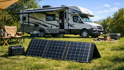 Mobile Solarmodule aufgeklappt auf Campingplatz mit Wohnmobil im Hintergrund