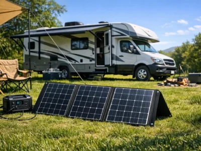 Mobile Solarmodule aufgeklappt auf Campingplatz mit Wohnmobil im Hintergrund