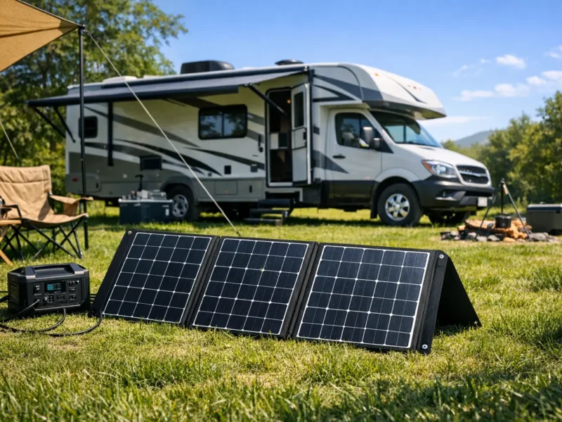 Mobile Solarmodule aufgeklappt auf Campingplatz mit Wohnmobil im Hintergrund