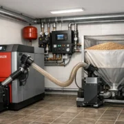 Pelletsanlage Installation im Heizraum mit automatischer Steuerung