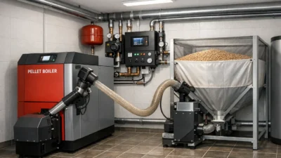 Pelletsanlage Installation im Heizraum mit automatischer Steuerung