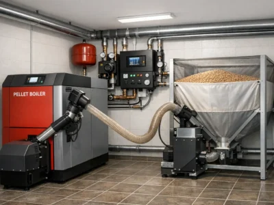 Pelletsanlage Installation im Heizraum mit automatischer Steuerung