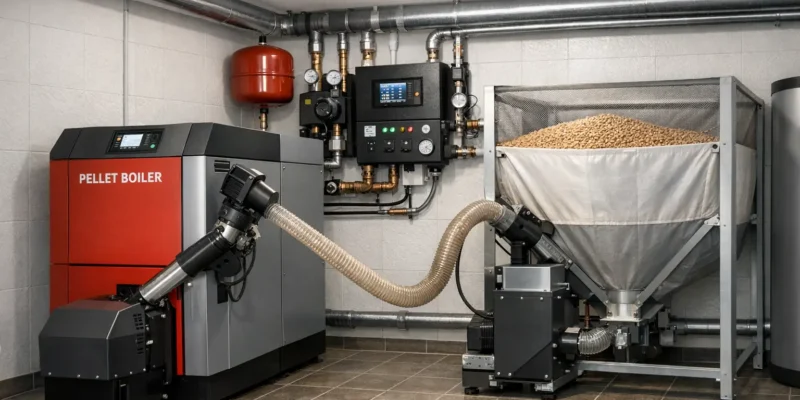 Pelletsanlage Installation im Heizraum mit automatischer Steuerung