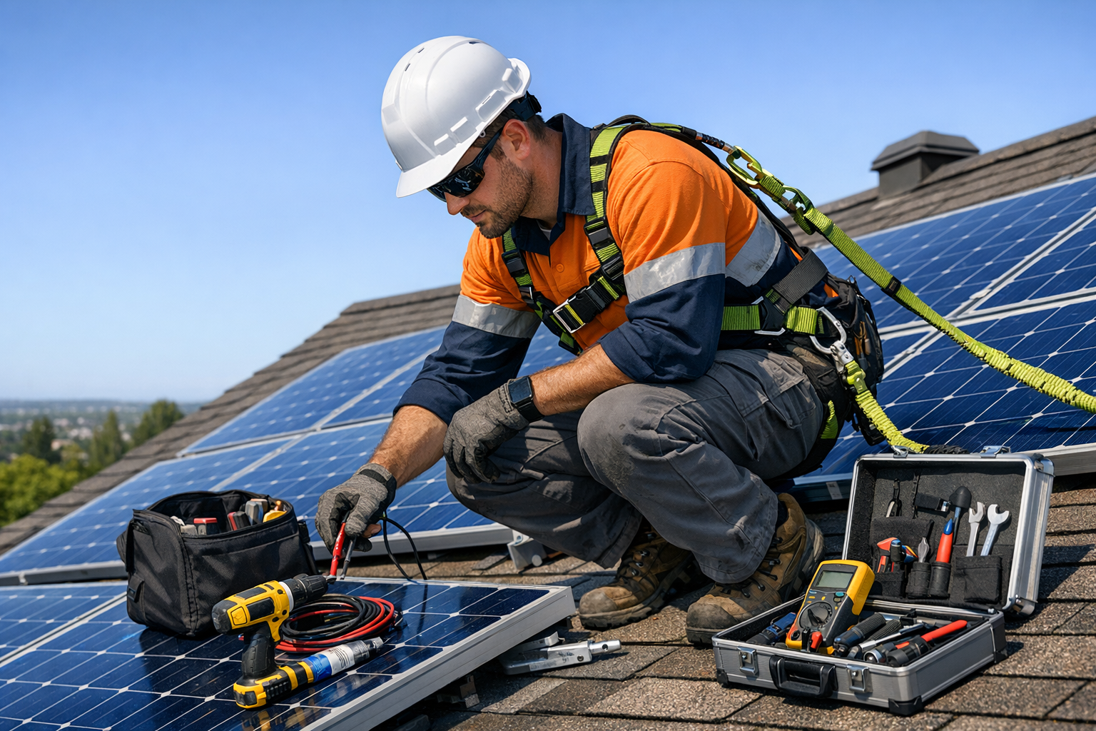 Techniker wartet Private Photovoltaik-Anlage auf Hausdach