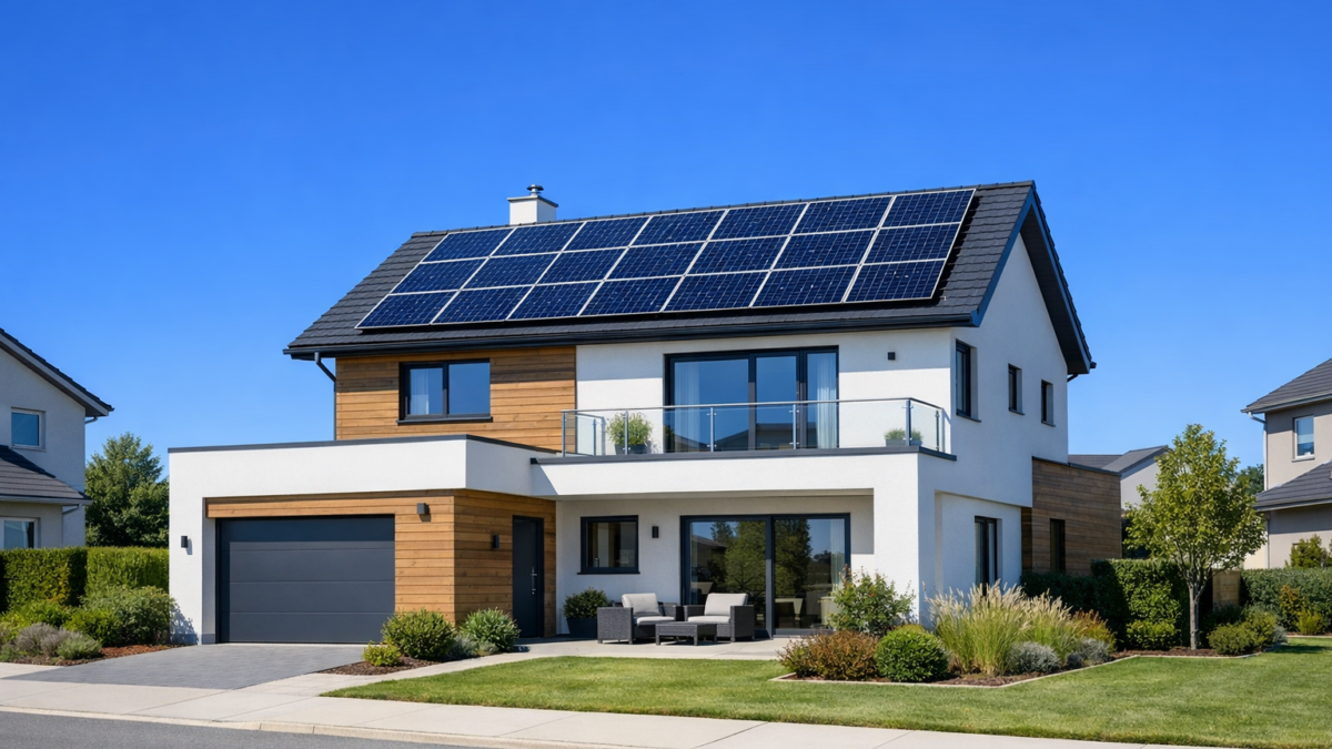 Private Photovoltaik-Anlage auf Einfamilienhaus mit Solarmodulen