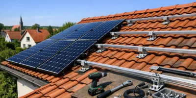 Solaranlage bauen auf Einfamilienhaus Dach mit Montagewerkzeug