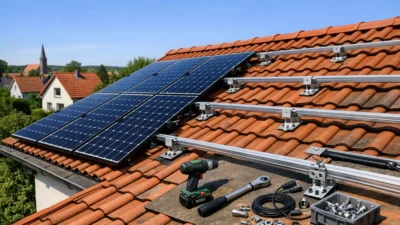Solaranlage bauen auf Einfamilienhaus Dach mit Montagewerkzeug
