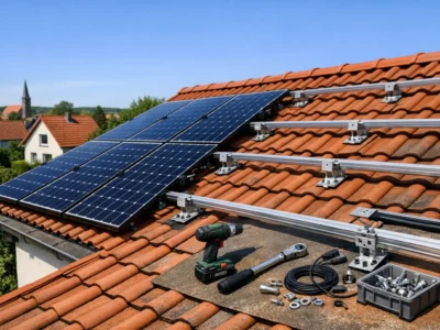 Solaranlage bauen auf Einfamilienhaus Dach mit Montagewerkzeug