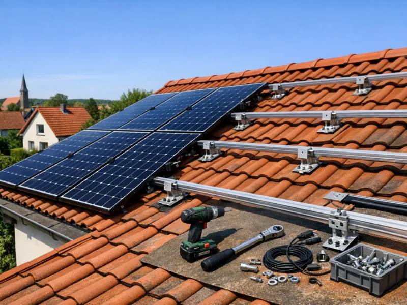 Solaranlage bauen auf Einfamilienhaus Dach mit Montagewerkzeug