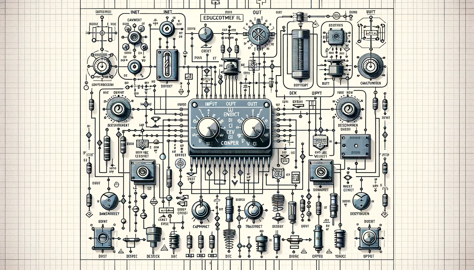 Technische Grafik eines Spannungswandlers mit Bauteilen
